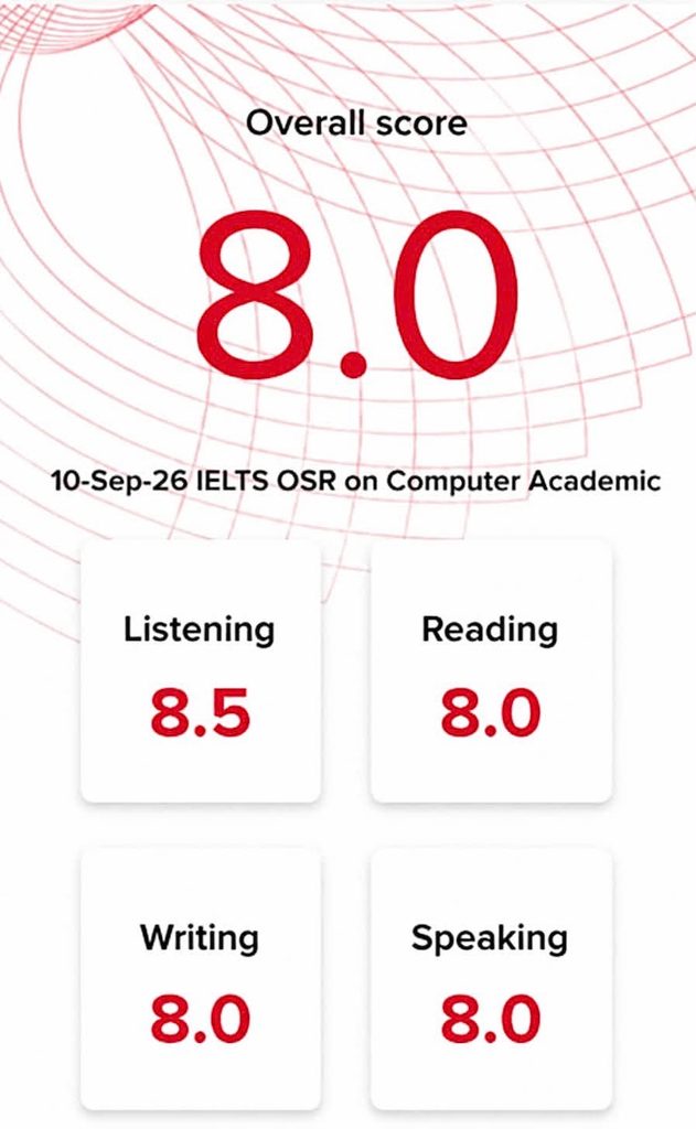 英語蛋 The EGG 台中雅思補習班學生 IELTS 8.0 成績單